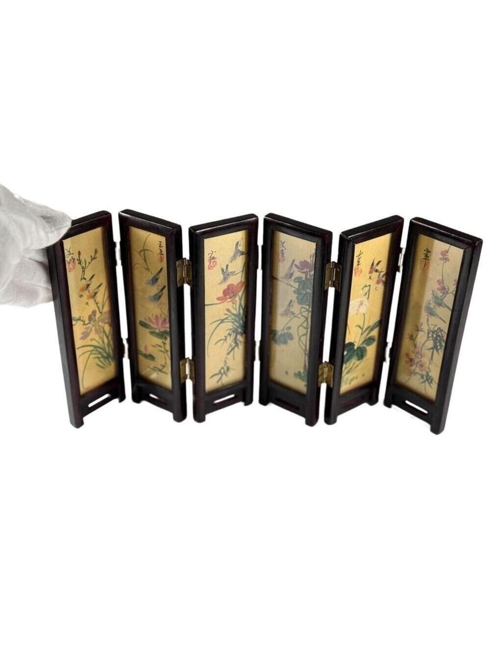 Vintage Mini Folding Screen Two-Sided China Silk Painting Birds Flowers Mountain - Picture 10 of 14